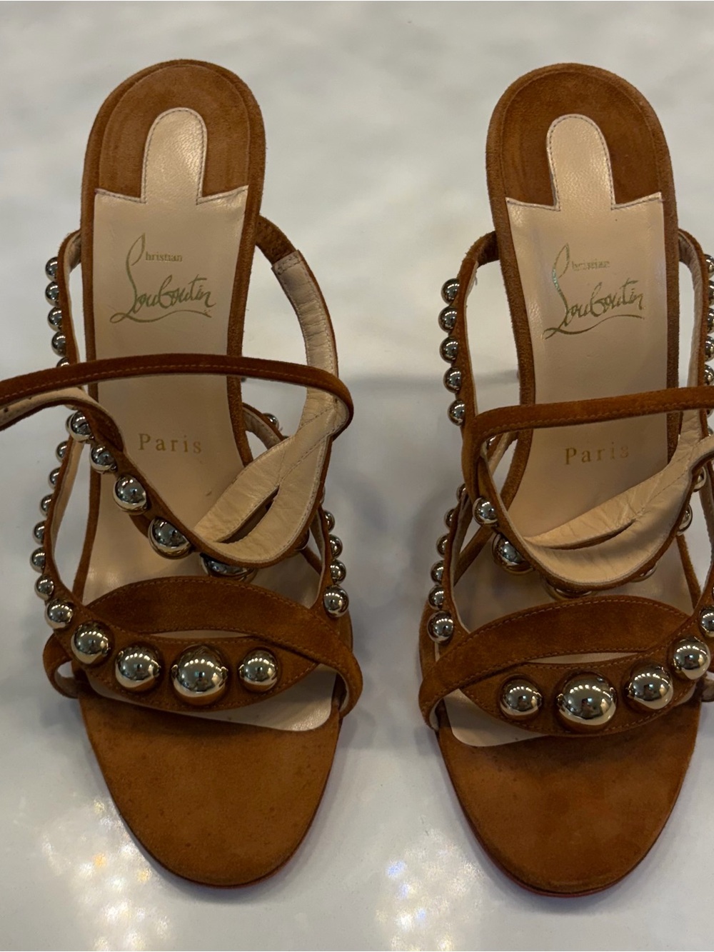 Christian Louboutin Brown Suede Studded Strappy Heels